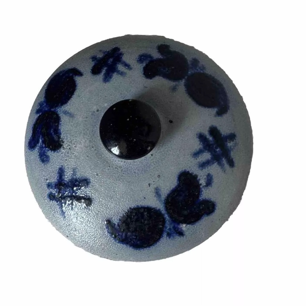 Vintage German Pottery Salt Glaze #2 Covered Pot With Lid Hand Painted Blue - Picture 7 of 9